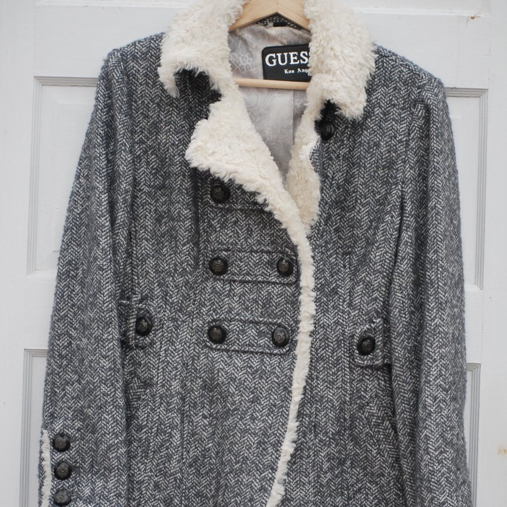 Guess Women's Herringbone Peacoat Faux Fur Trim-M